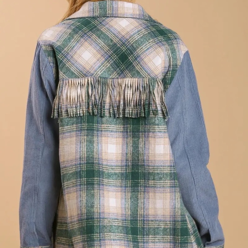 New UMGEE Plaid Flannel Fringe Shacket Magenta Green Snap Up Corduroy Sleeves - Picture 5 of 10